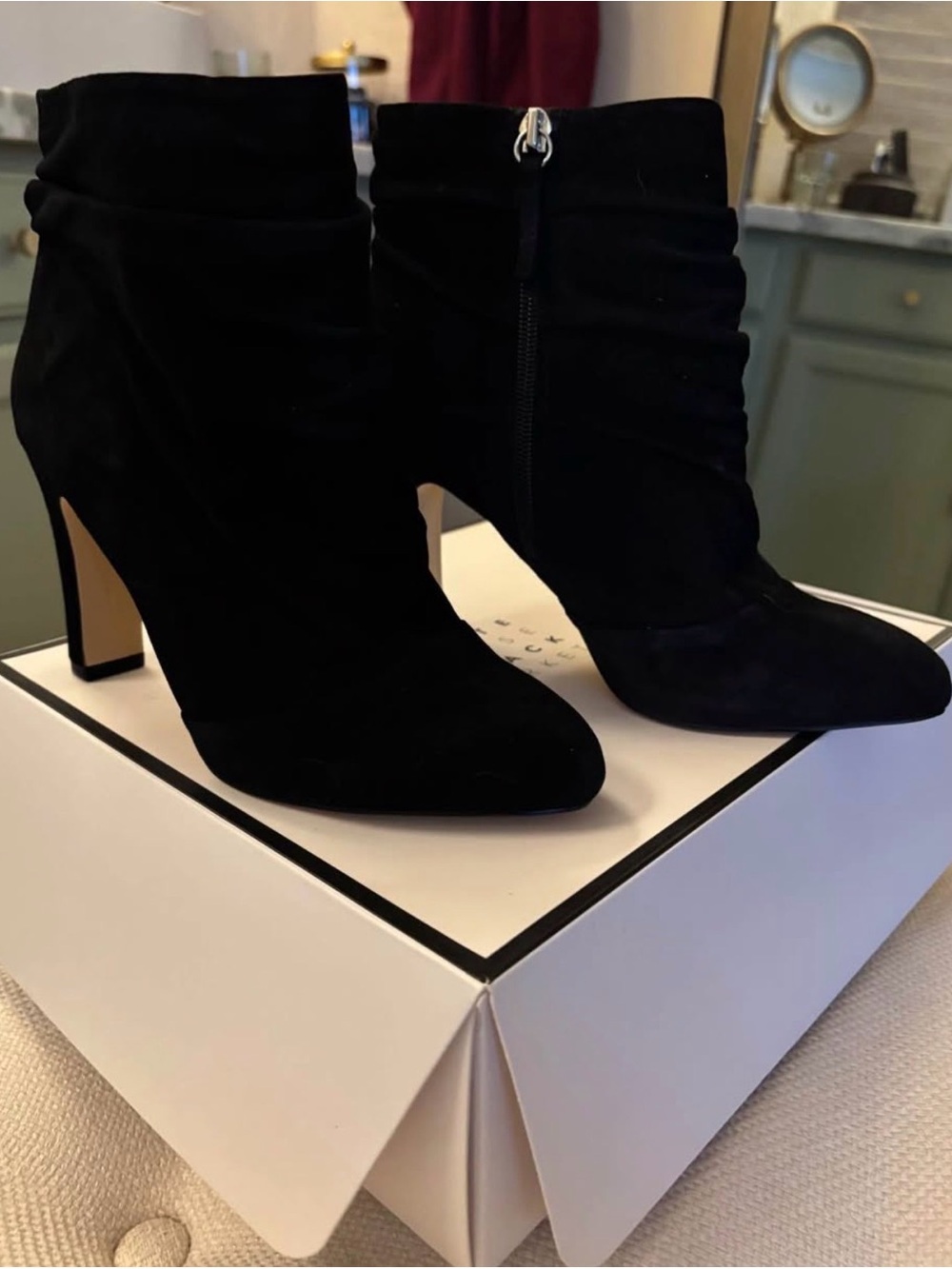 White House Black Market Black Suede Ruched Ankle Booties with Side Zip